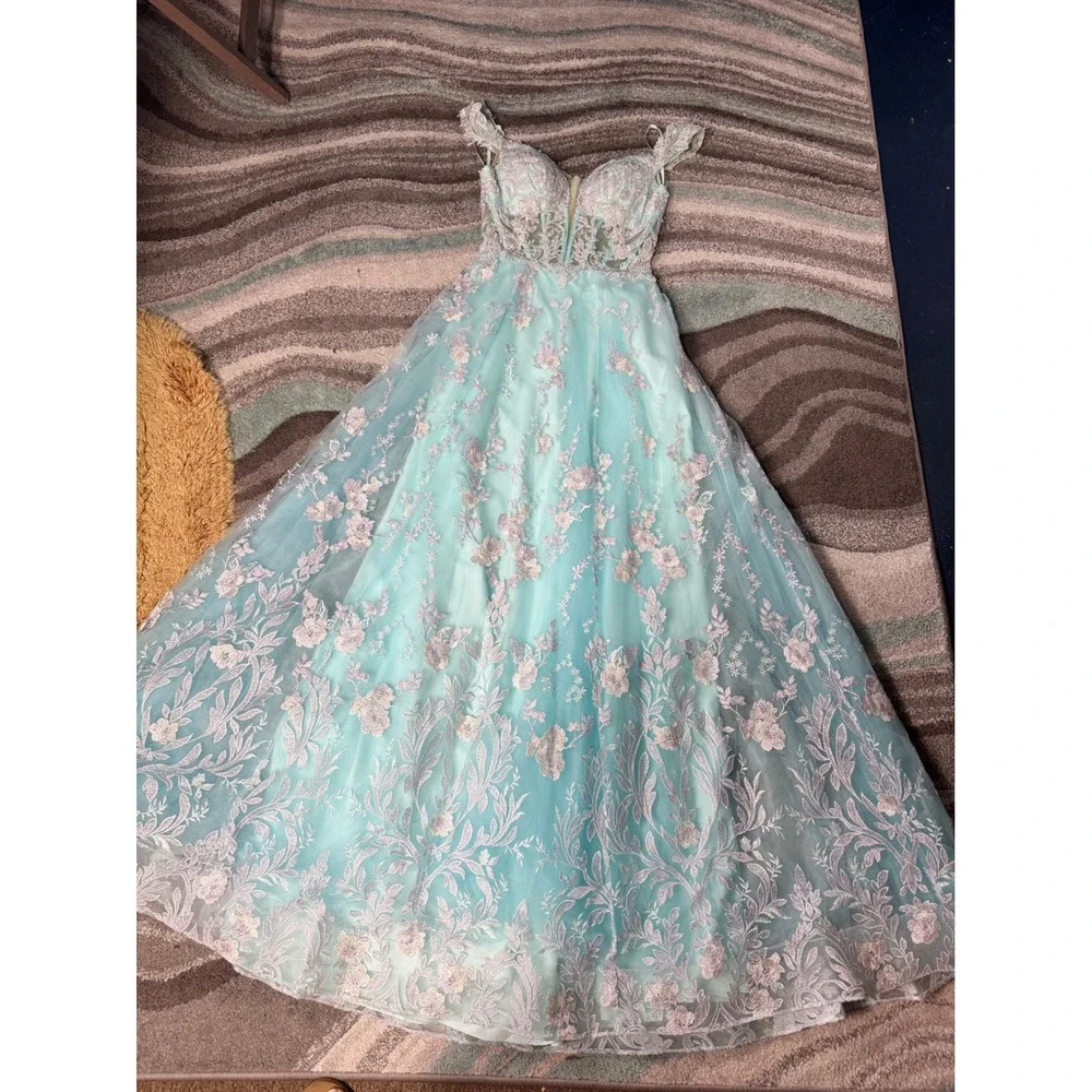 Morrell Maxie Size 4‎ Aqua White Floral Lace Off Shoulder Formal Gown - Picture 13 of 16